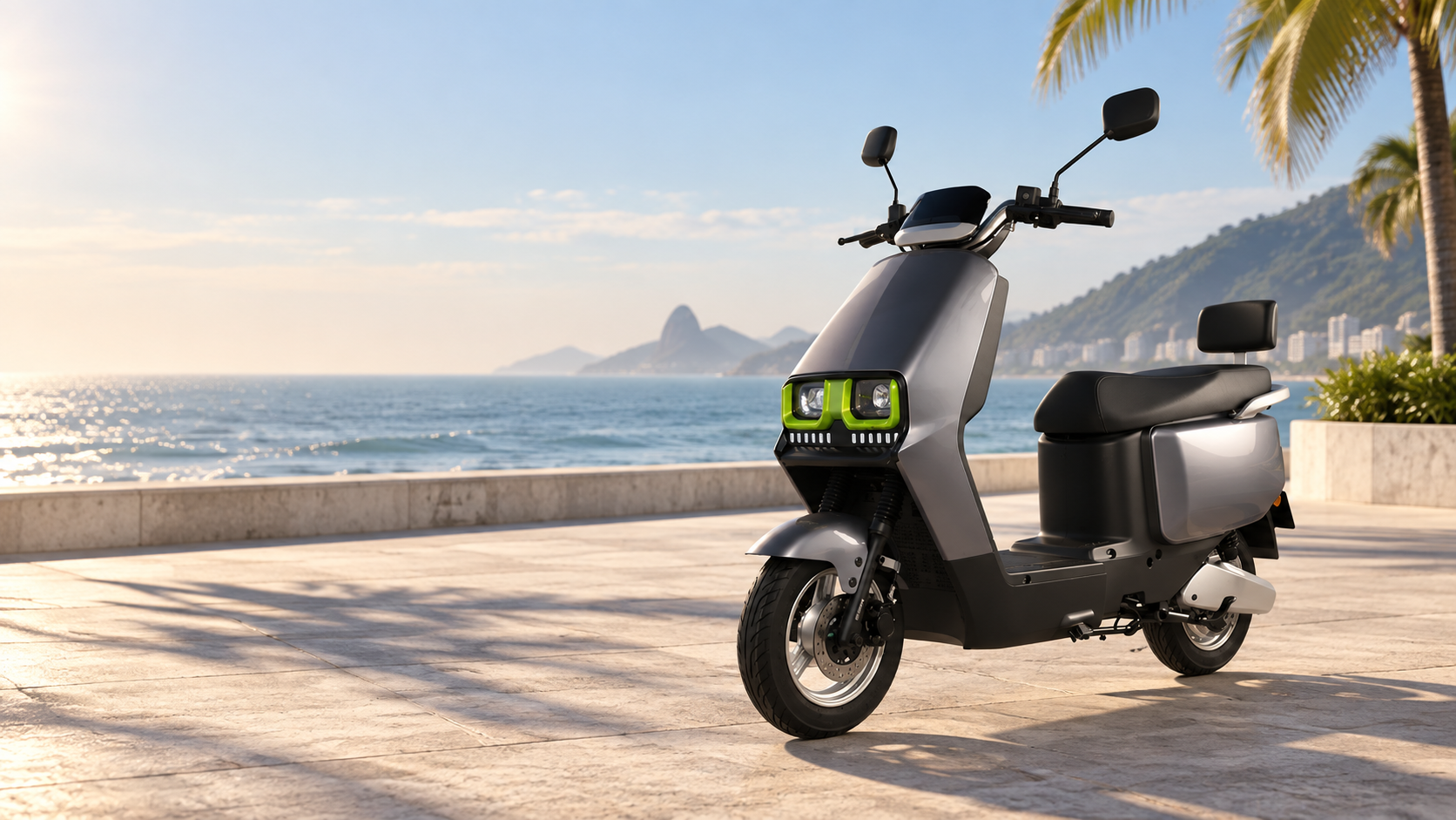 Scooter GS em uma composição ilustrativa à beira-mar, com luz suave da manhã