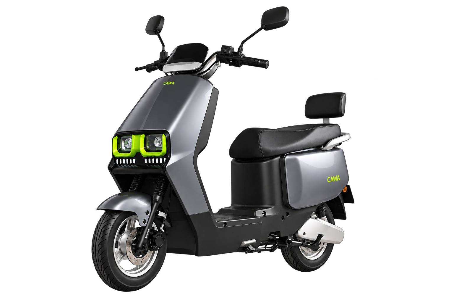 Scooter elétrica GS cinza com detalhes verdes nos faróis